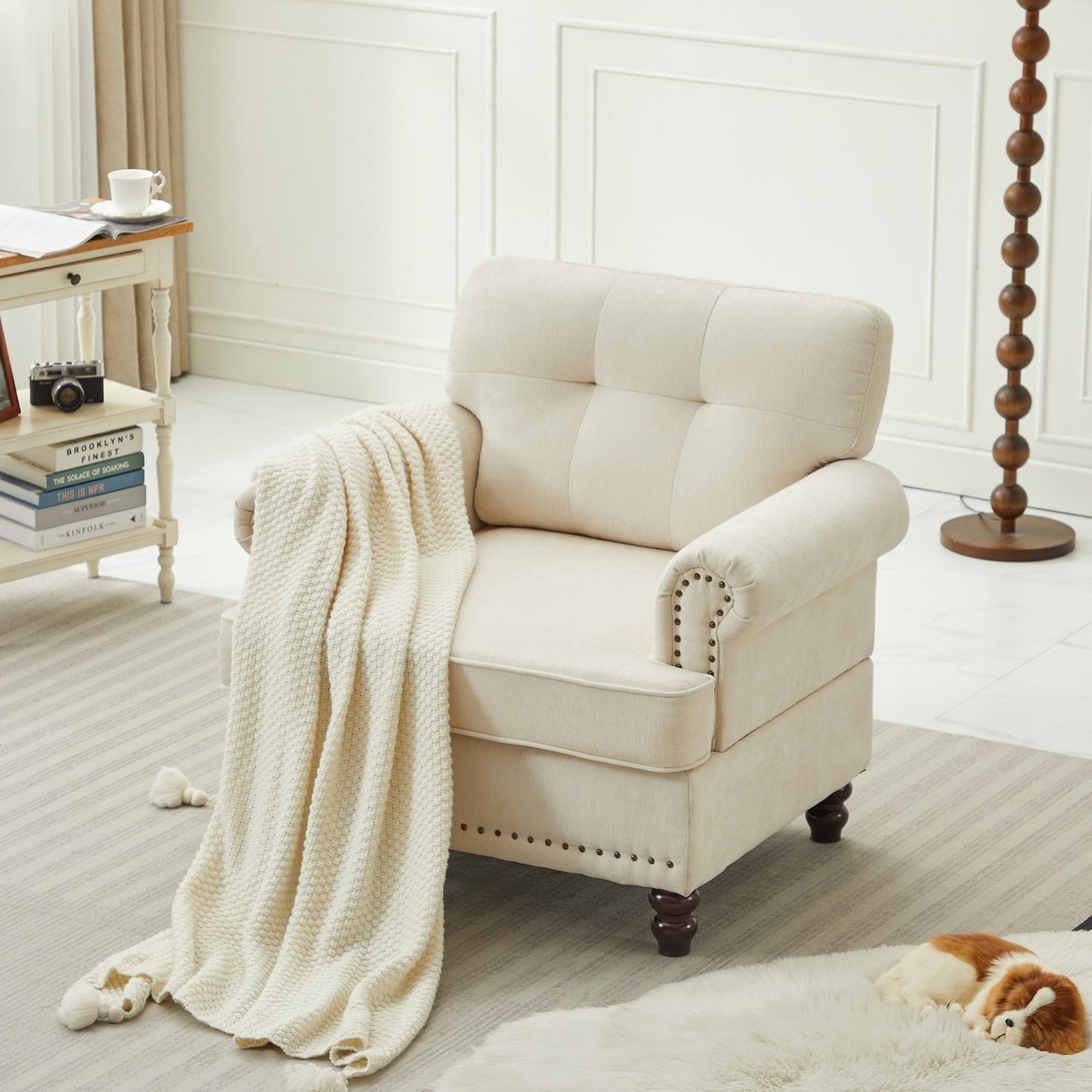 Set of 3 Chenille Sofa Set for Living Room, Button-Tufted & Nailhead Upholstery, Solid Rubberwood Legs
