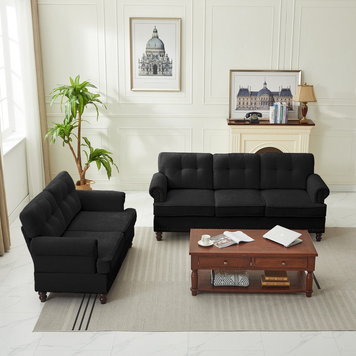 Set of 3 Chenille Sofa Set for Living Room, Button-Tufted & Nailhead Upholstery, Solid Rubberwood Legs