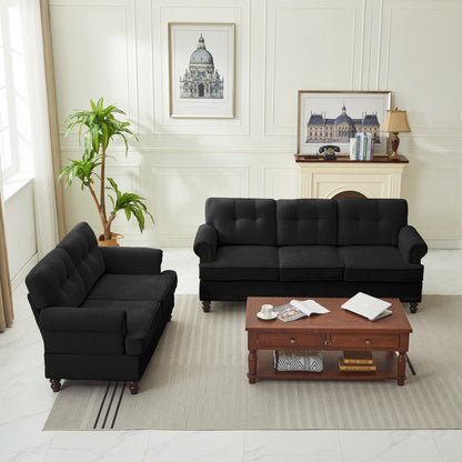 Set of 3 Chenille Sofa Set for Living Room, Button-Tufted & Nailhead Upholstery, Solid Rubberwood Legs