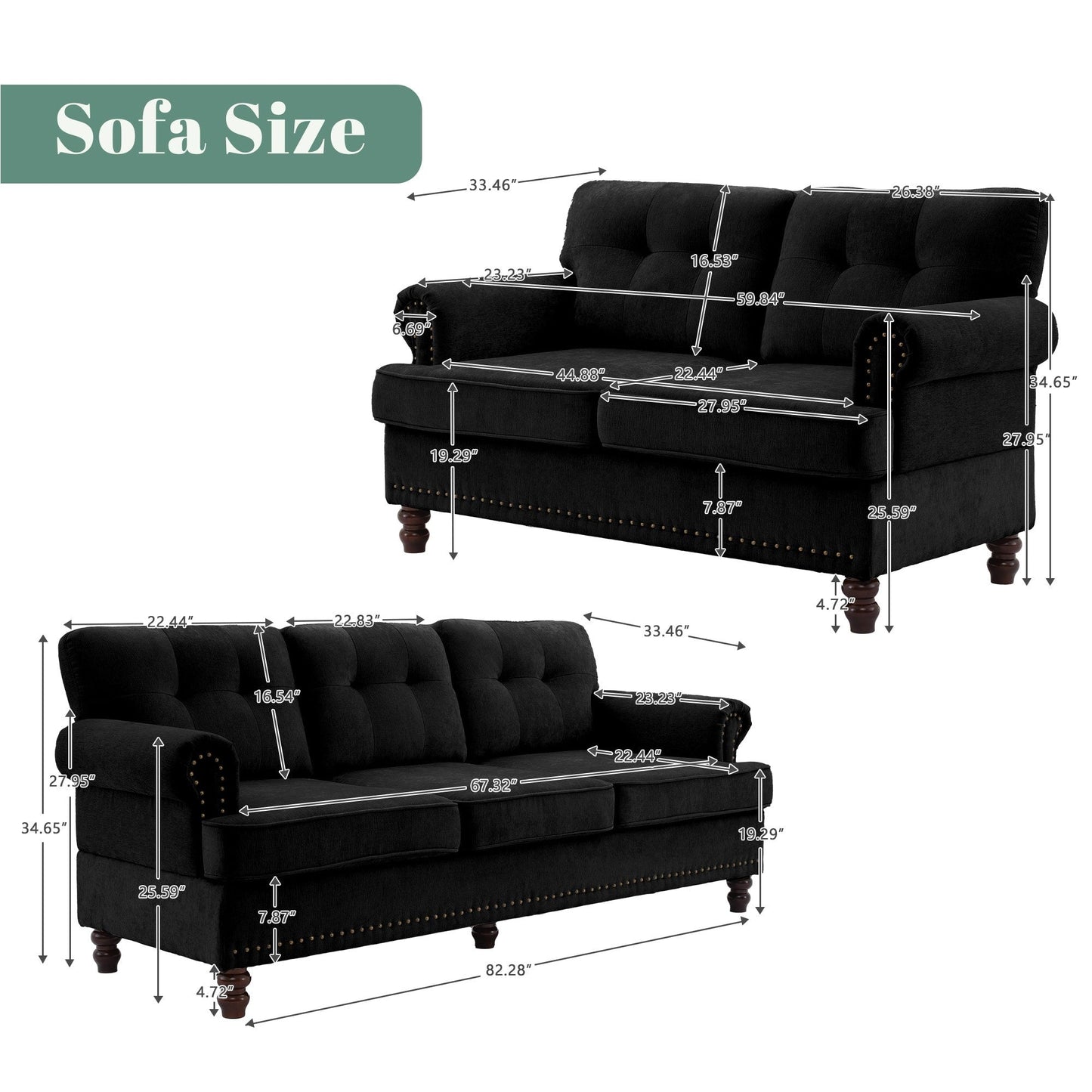 Set of 3 Chenille Sofa Set for Living Room, Button-Tufted & Nailhead Upholstery, Solid Rubberwood Legs