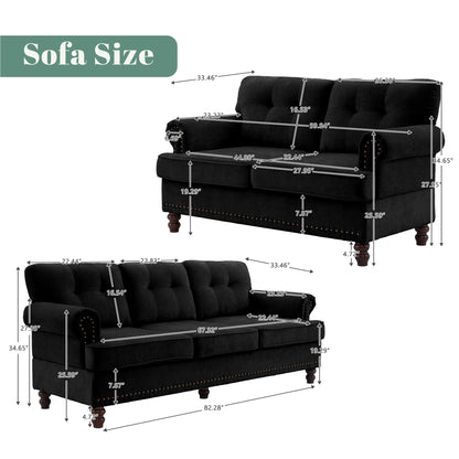 Set of 3 Chenille Sofa Set for Living Room, Button-Tufted & Nailhead Upholstery, Solid Rubberwood Legs