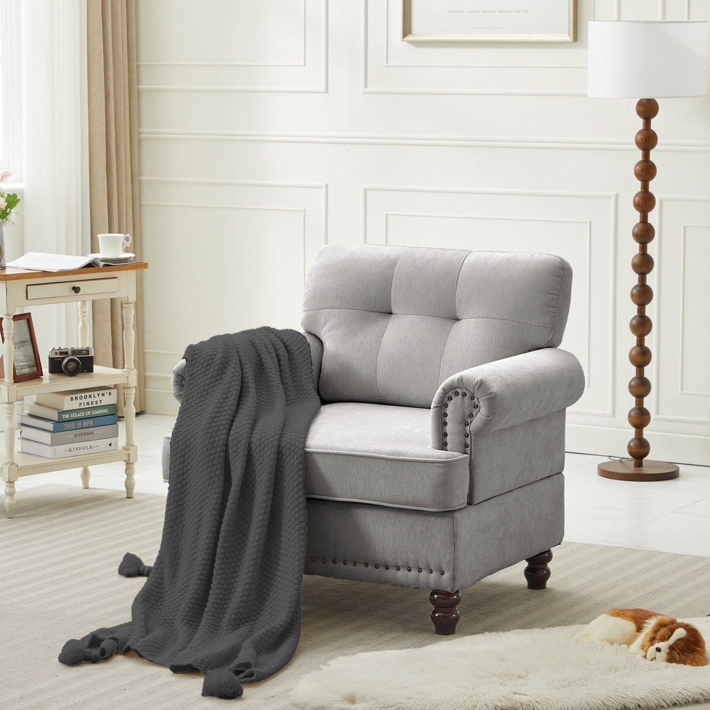 Set of 3 Chenille Sofa Set for Living Room, Button-Tufted & Nailhead Upholstery, Solid Rubberwood Legs