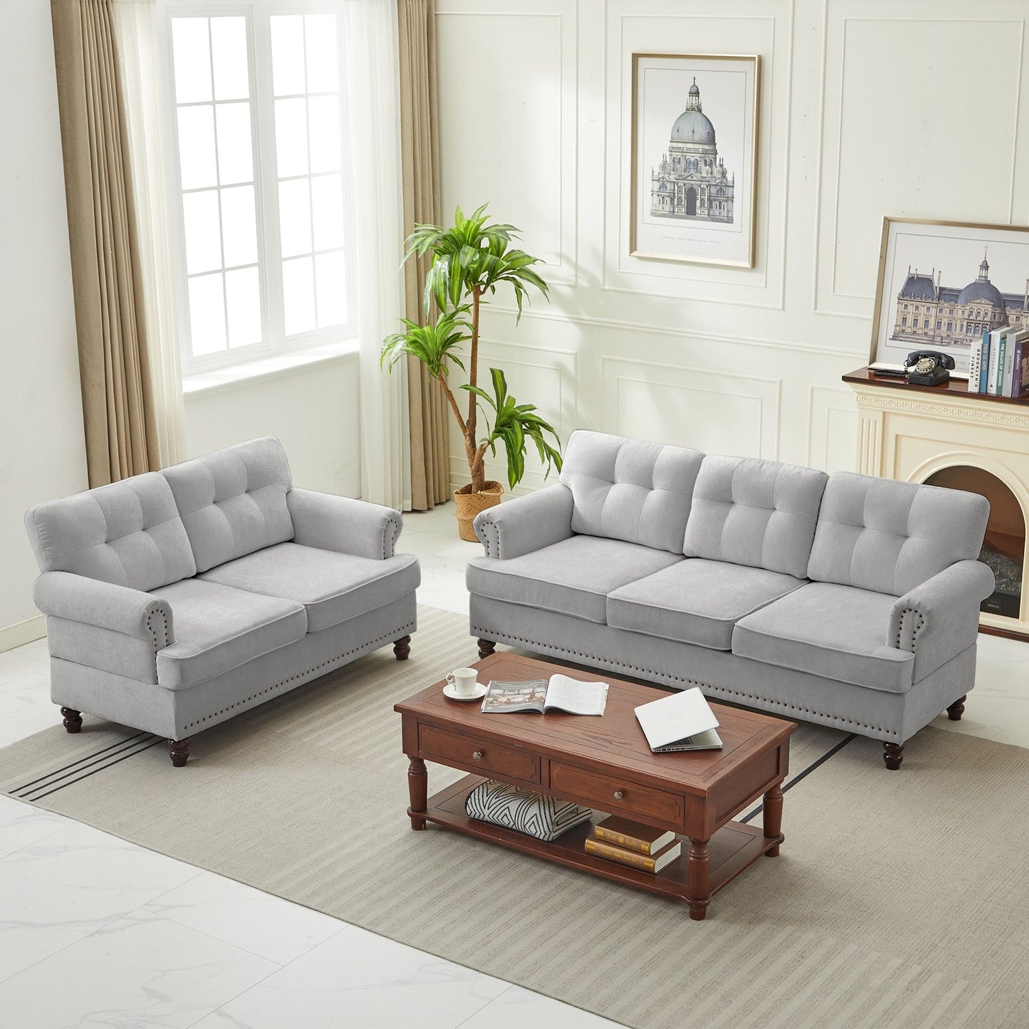 Set of 3 Chenille Sofa Set for Living Room, Button-Tufted & Nailhead Upholstery, Solid Rubberwood Legs