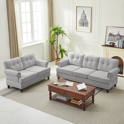 Set of 3 Chenille Sofa Set for Living Room, Button-Tufted & Nailhead Upholstery, Solid Rubberwood Legs