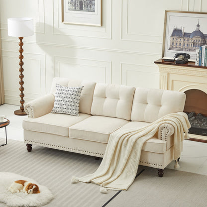 Set of 3 Chenille Sofa Set for Living Room, Button-Tufted & Nailhead Upholstery, Solid Rubberwood Legs