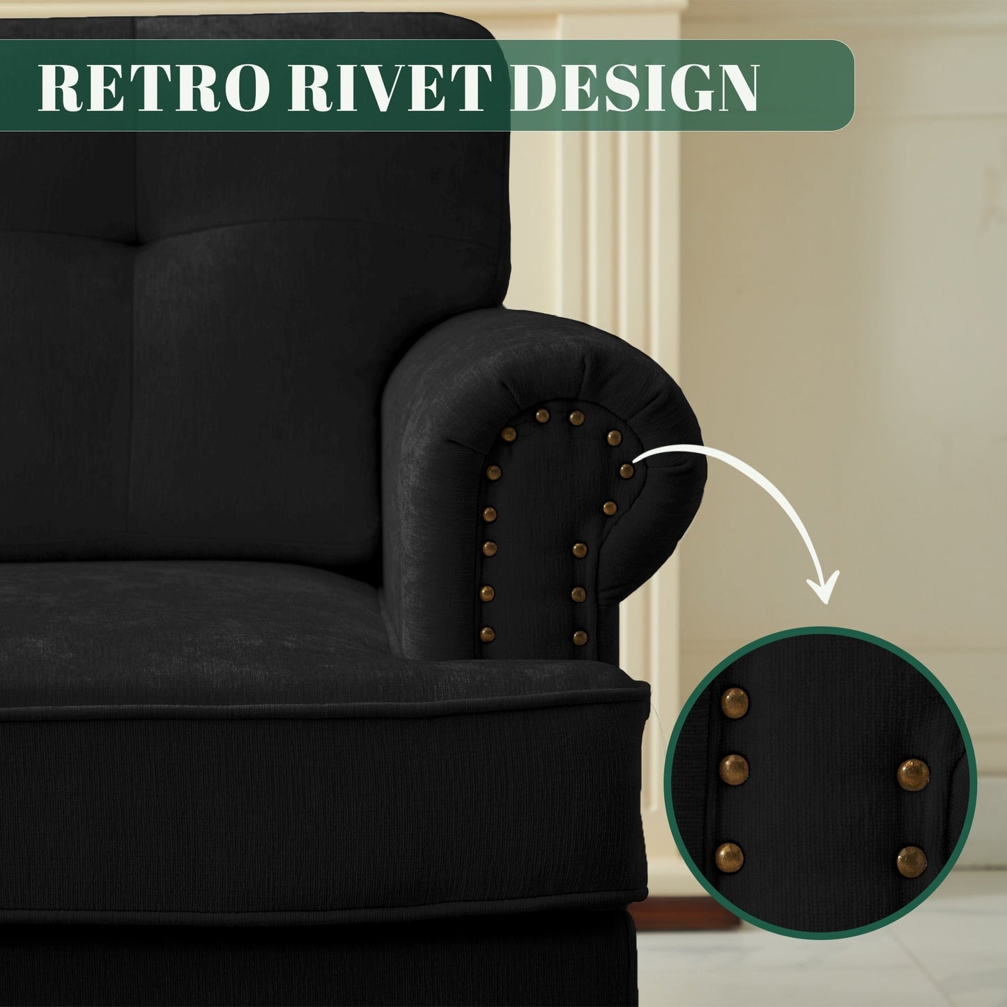 Set of 3 Chenille Sofa Set for Living Room, Button-Tufted & Nailhead Upholstery, Solid Rubberwood Legs