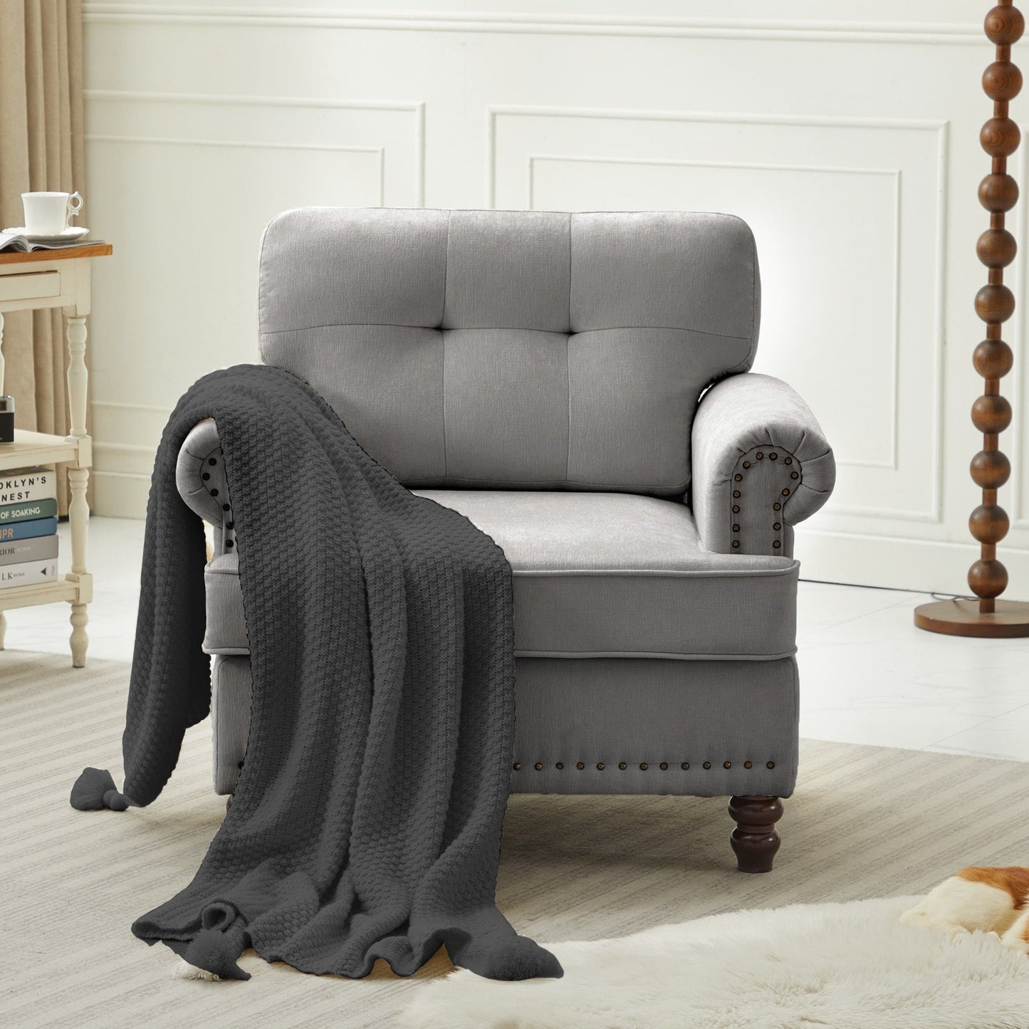 Set of 3 Chenille Sofa Set for Living Room, Button-Tufted & Nailhead Upholstery, Solid Rubberwood Legs
