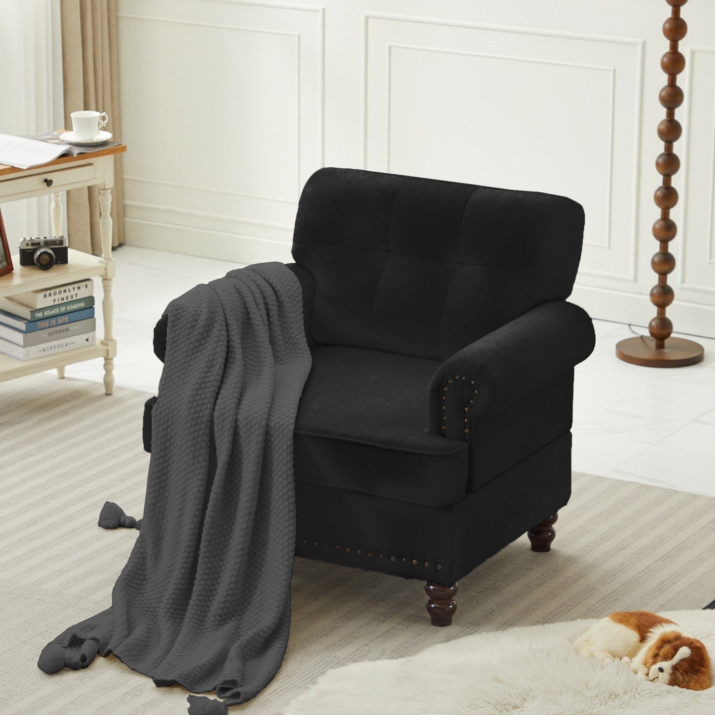 Set of 3 Chenille Sofa Set for Living Room, Button-Tufted & Nailhead Upholstery, Solid Rubberwood Legs