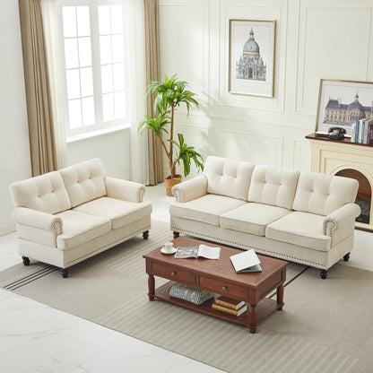 Set of 3 Chenille Sofa Set for Living Room, Button-Tufted & Nailhead Upholstery, Solid Rubberwood Legs