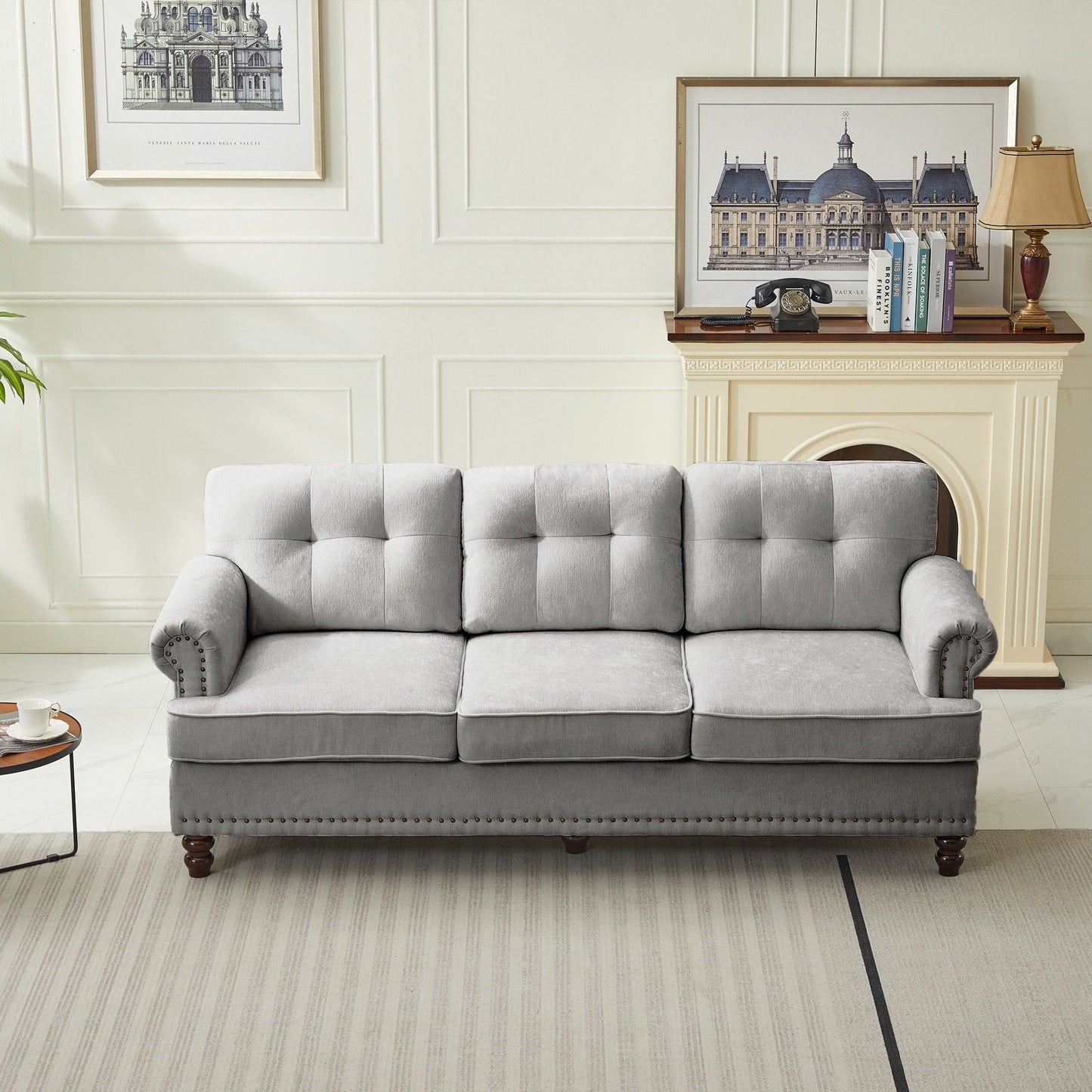 Set of 3 Chenille Sofa Set for Living Room, Button-Tufted & Nailhead Upholstery, Solid Rubberwood Legs