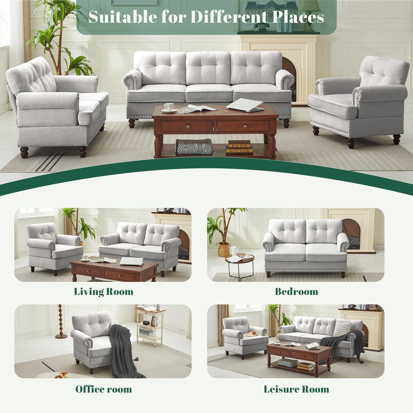 Set of 3 Chenille Sofa Set for Living Room, Button-Tufted & Nailhead Upholstery, Solid Rubberwood Legs