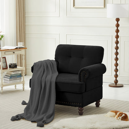 Set of 3 Chenille Sofa Set for Living Room, Button-Tufted & Nailhead Upholstery, Solid Rubberwood Legs