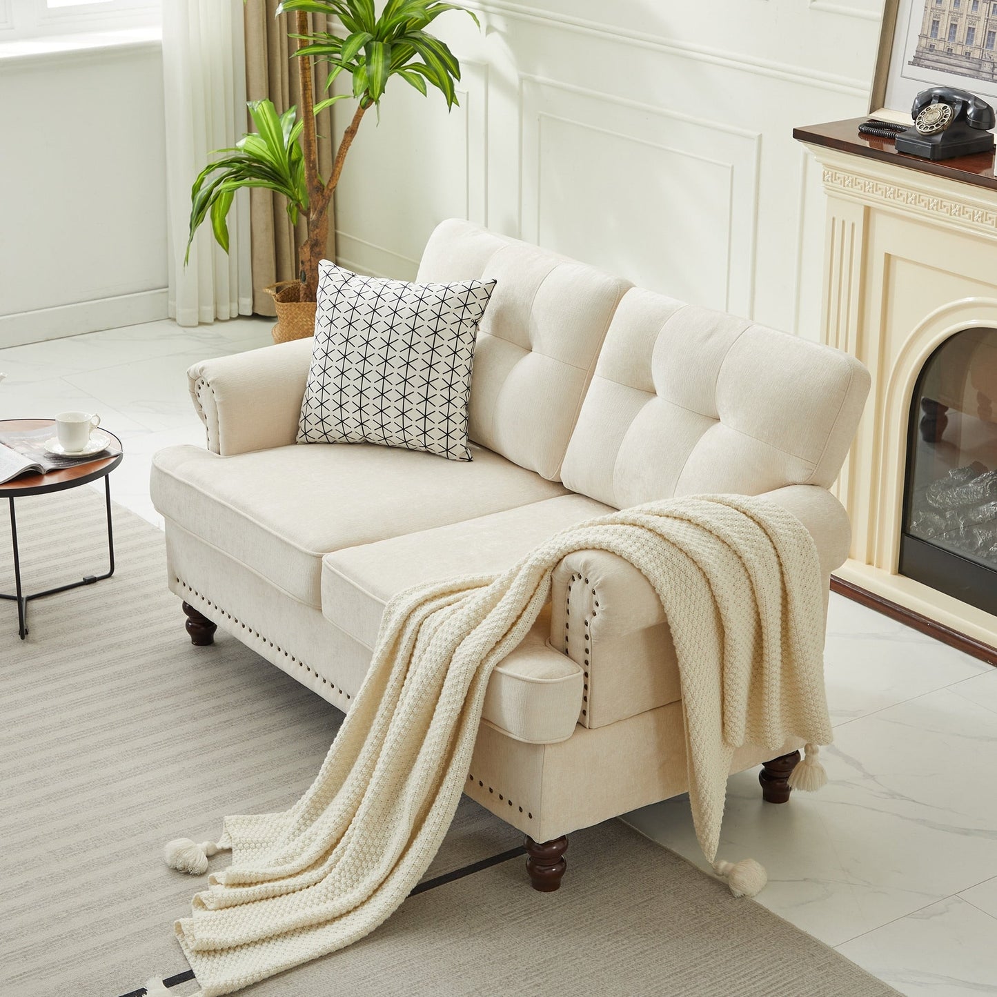 Set of 3 Chenille Sofa Set for Living Room, Button-Tufted & Nailhead Upholstery, Solid Rubberwood Legs