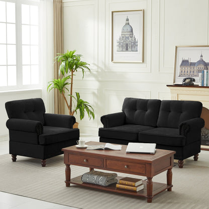 Set of 3 Chenille Sofa Set for Living Room, Button-Tufted & Nailhead Upholstery, Solid Rubberwood Legs