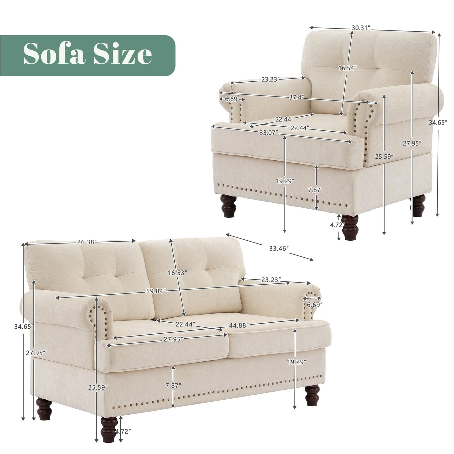 Set of 3 Chenille Sofa Set for Living Room, Button-Tufted & Nailhead Upholstery, Solid Rubberwood Legs