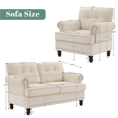 Set of 3 Chenille Sofa Set for Living Room, Button-Tufted & Nailhead Upholstery, Solid Rubberwood Legs