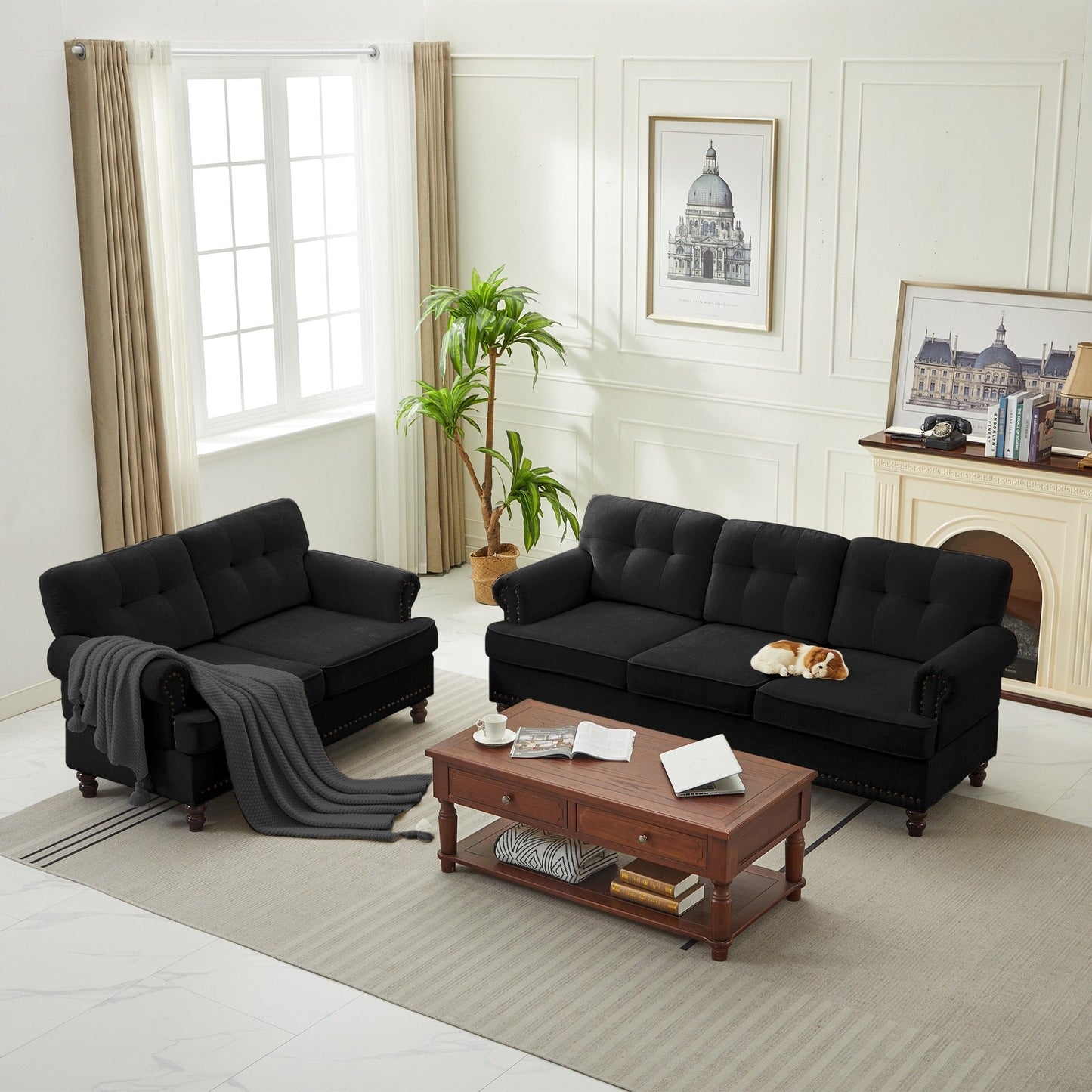 Set of 3 Chenille Sofa Set for Living Room, Button-Tufted & Nailhead Upholstery, Solid Rubberwood Legs