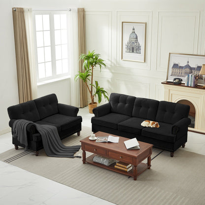 Set of 3 Chenille Sofa Set for Living Room, Button-Tufted & Nailhead Upholstery, Solid Rubberwood Legs
