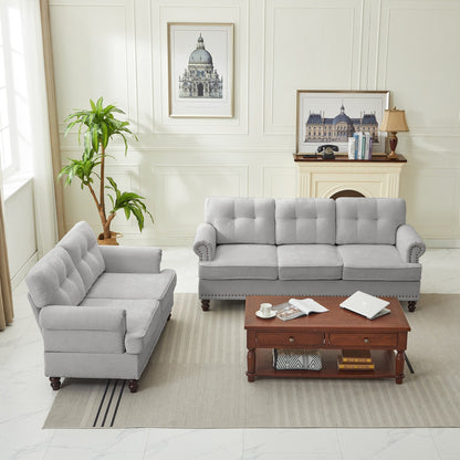Set of 3 Chenille Sofa Set for Living Room, Button-Tufted & Nailhead Upholstery, Solid Rubberwood Legs
