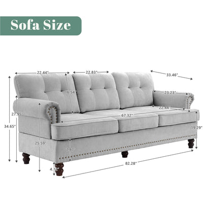 Set of 3 Chenille Sofa Set for Living Room, Button-Tufted & Nailhead Upholstery, Solid Rubberwood Legs