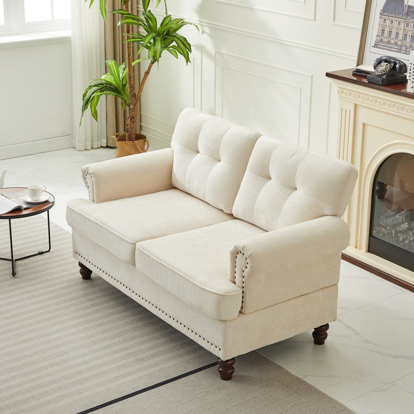 Set of 3 Chenille Sofa Set for Living Room, Button-Tufted & Nailhead Upholstery, Solid Rubberwood Legs
