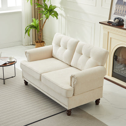 Set of 3 Chenille Sofa Set for Living Room, Button-Tufted & Nailhead Upholstery, Solid Rubberwood Legs