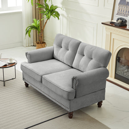 Set of 3 Chenille Sofa Set for Living Room, Button-Tufted & Nailhead Upholstery, Solid Rubberwood Legs