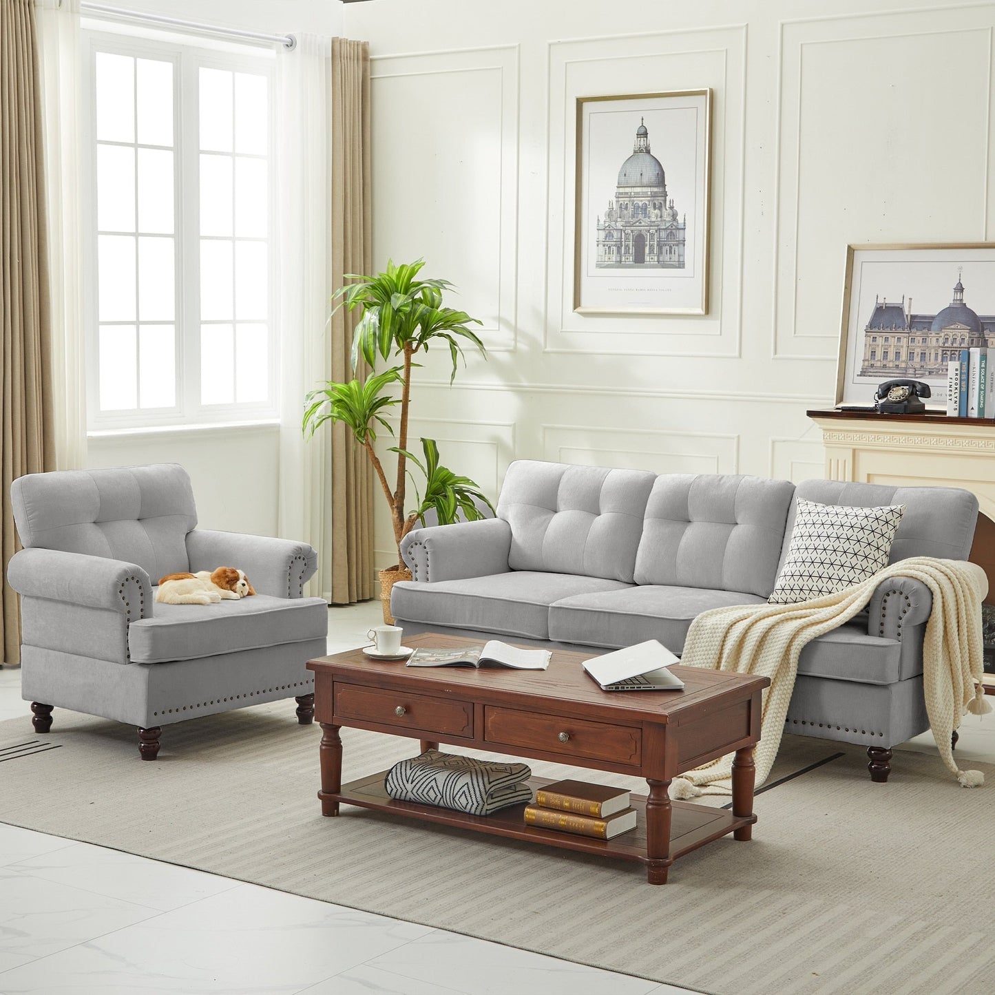 Set of 3 Chenille Sofa Set for Living Room, Button-Tufted & Nailhead Upholstery, Solid Rubberwood Legs