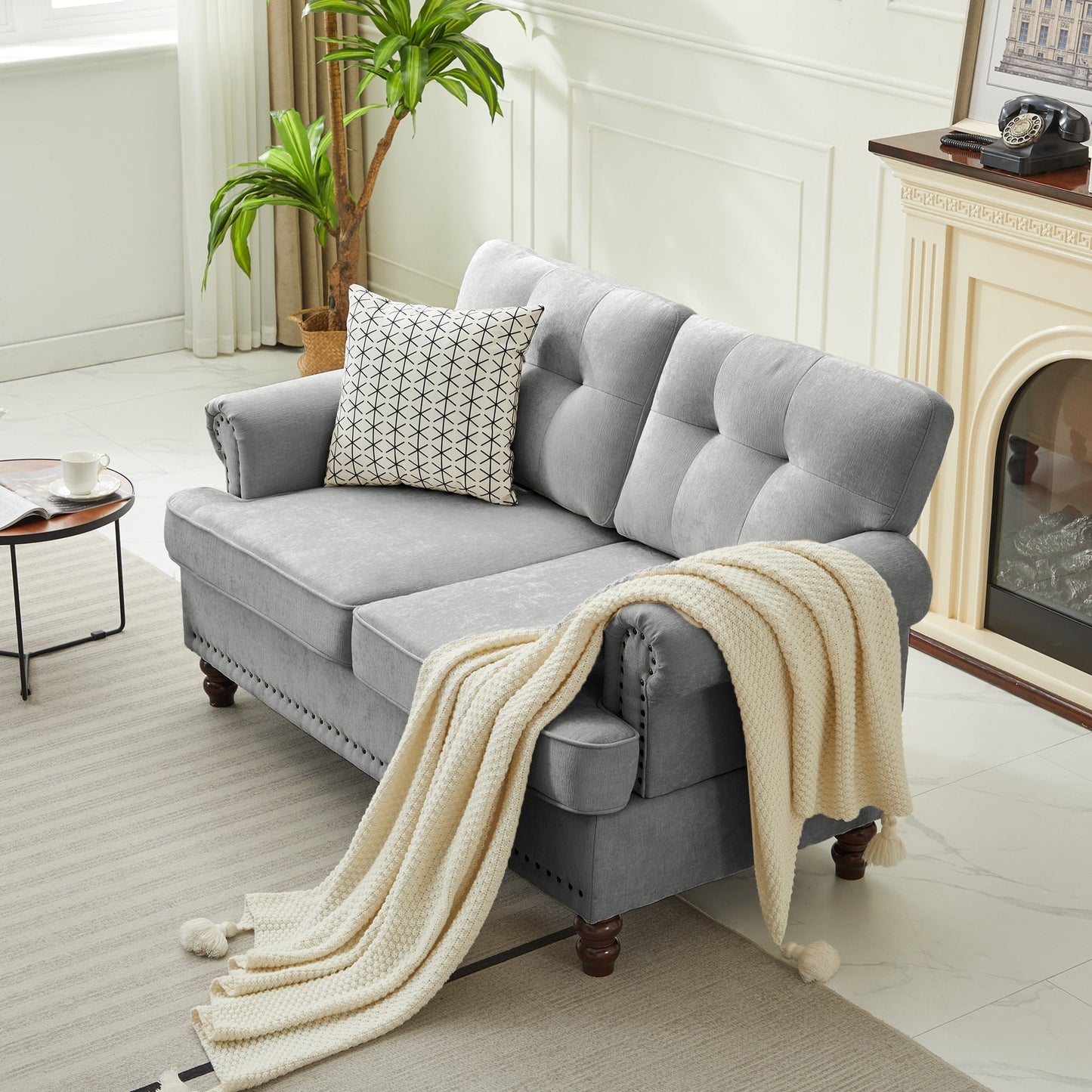 Set of 3 Chenille Sofa Set for Living Room, Button-Tufted & Nailhead Upholstery, Solid Rubberwood Legs