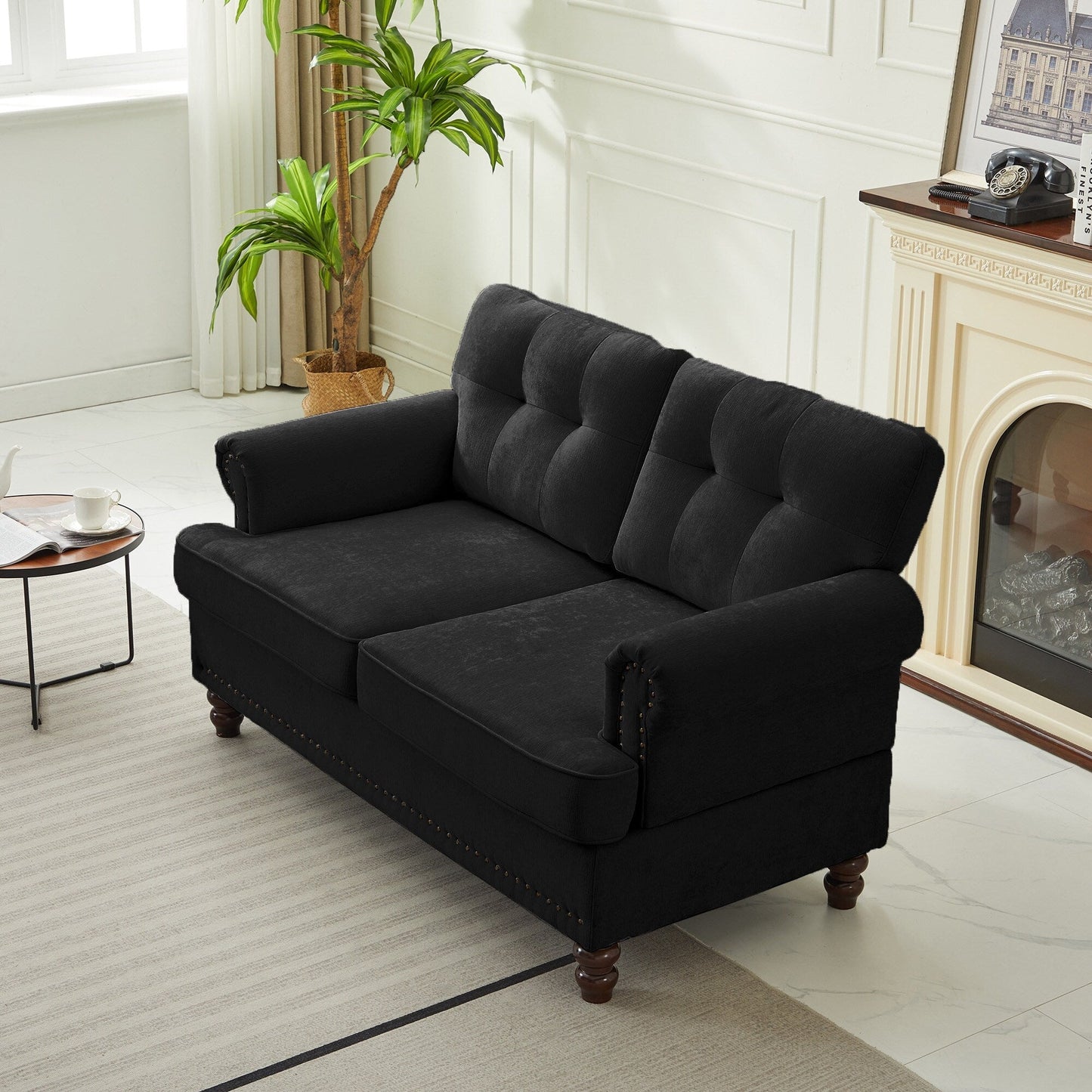 Set of 3 Chenille Sofa Set for Living Room, Button-Tufted & Nailhead Upholstery, Solid Rubberwood Legs