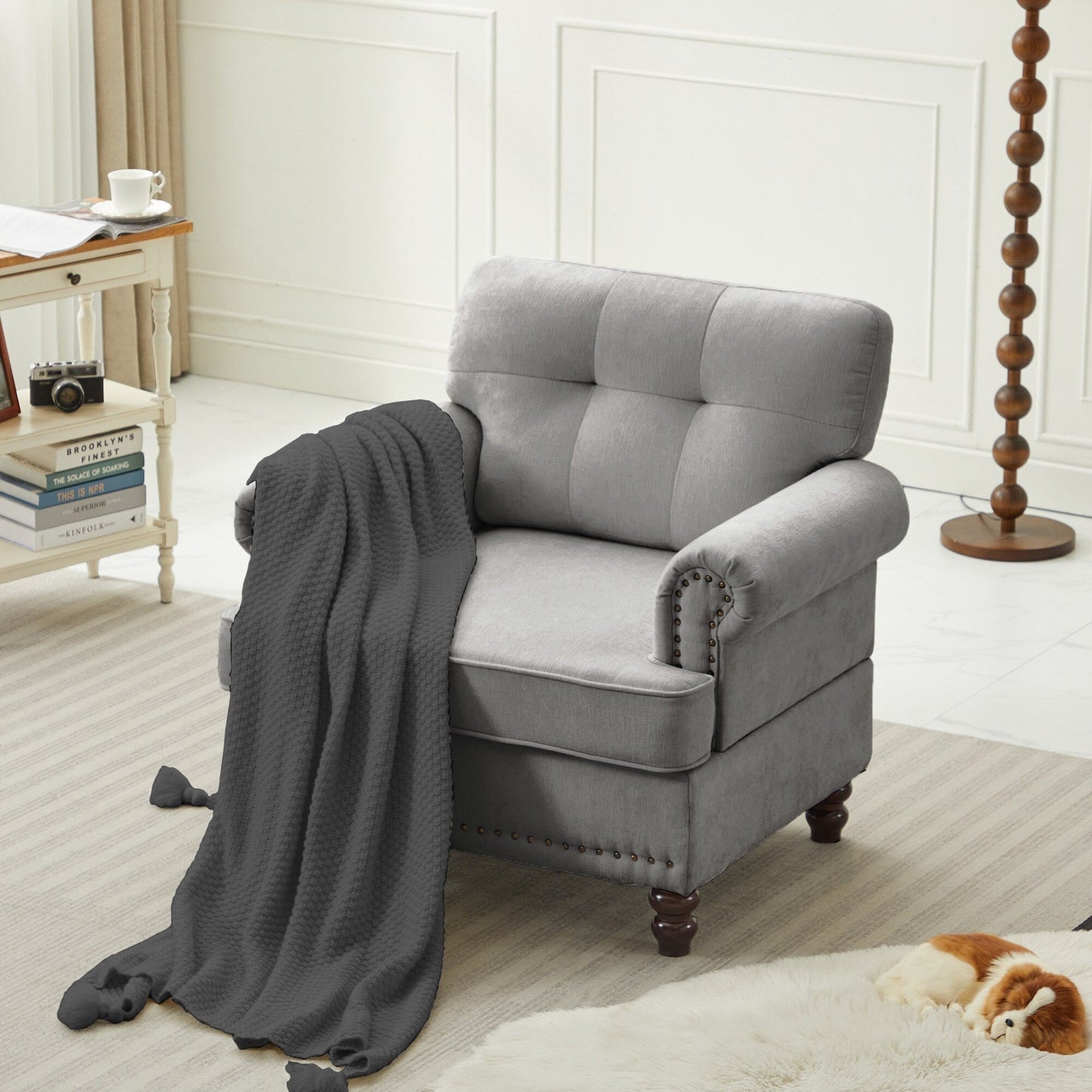 Set of 3 Chenille Sofa Set for Living Room, Button-Tufted & Nailhead Upholstery, Solid Rubberwood Legs