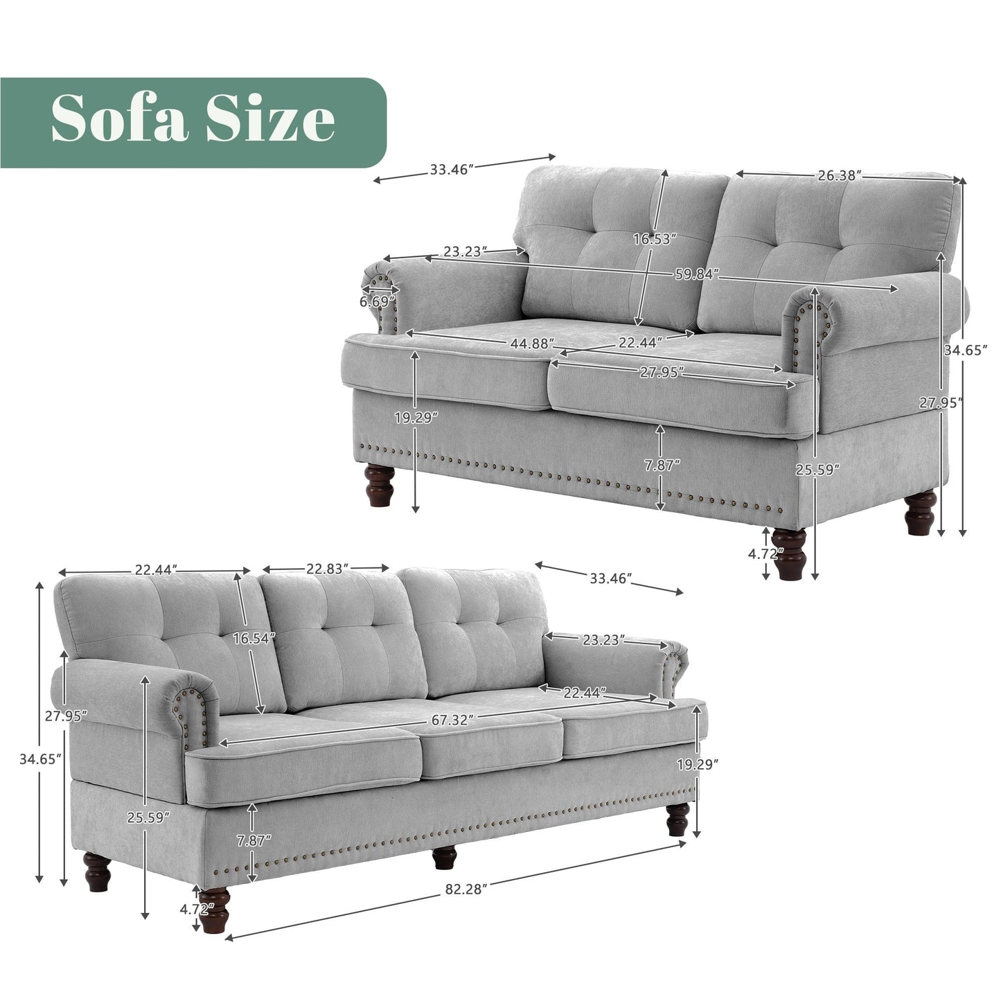 Set of 3 Chenille Sofa Set for Living Room, Button-Tufted & Nailhead Upholstery, Solid Rubberwood Legs