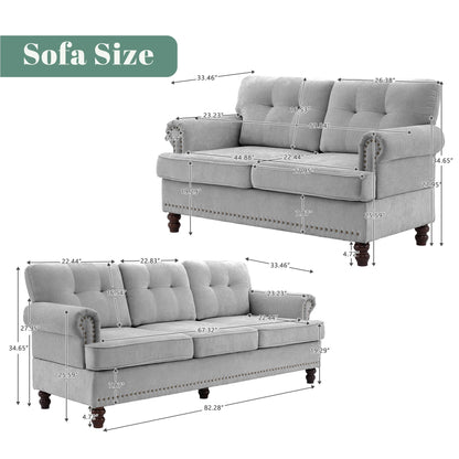Set of 3 Chenille Sofa Set for Living Room, Button-Tufted & Nailhead Upholstery, Solid Rubberwood Legs