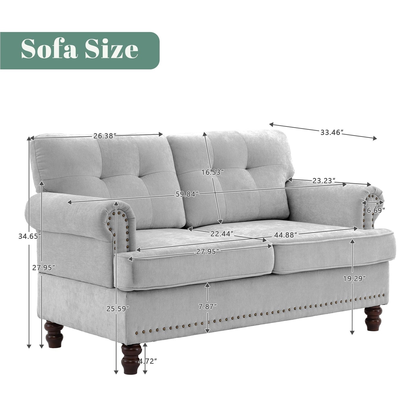 Set of 3 Chenille Sofa Set for Living Room, Button-Tufted & Nailhead Upholstery, Solid Rubberwood Legs