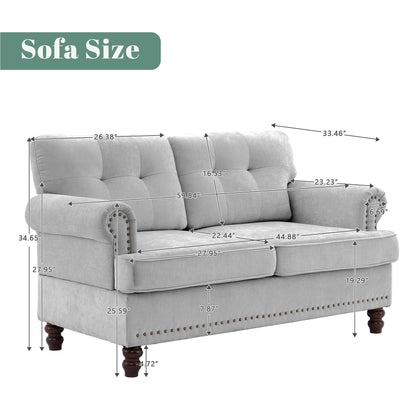 Set of 3 Chenille Sofa Set for Living Room, Button-Tufted & Nailhead Upholstery, Solid Rubberwood Legs