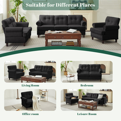 Set of 3 Chenille Sofa Set for Living Room, Button-Tufted & Nailhead Upholstery, Solid Rubberwood Legs