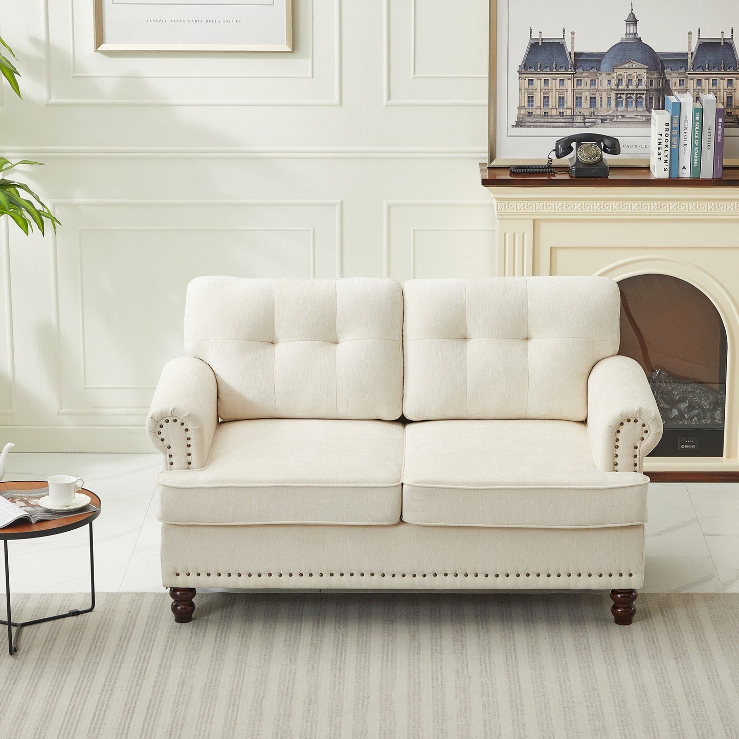 Set of 3 Chenille Sofa Set for Living Room, Button-Tufted & Nailhead Upholstery, Solid Rubberwood Legs