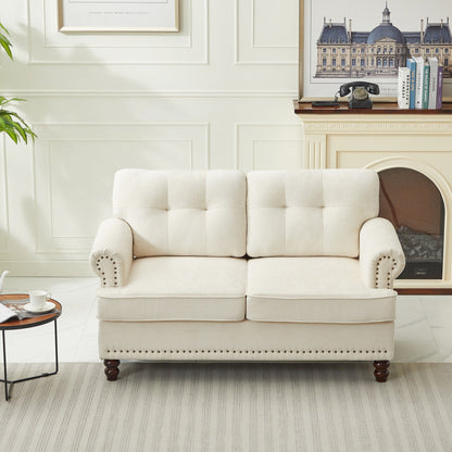 Set of 3 Chenille Sofa Set for Living Room, Button-Tufted & Nailhead Upholstery, Solid Rubberwood Legs