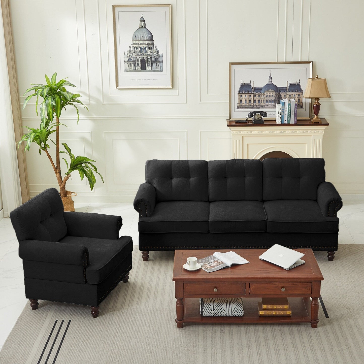 Set of 3 Chenille Sofa Set for Living Room, Button-Tufted & Nailhead Upholstery, Solid Rubberwood Legs