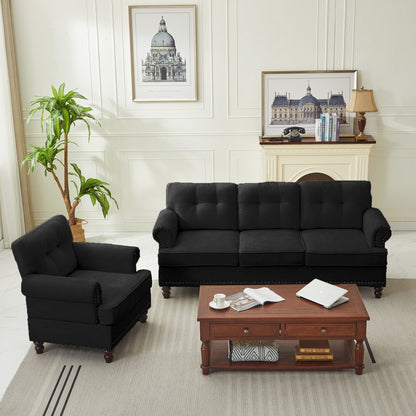 Set of 3 Chenille Sofa Set for Living Room, Button-Tufted & Nailhead Upholstery, Solid Rubberwood Legs
