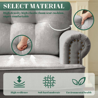Set of 3 Chenille Sofa Set for Living Room, Button-Tufted & Nailhead Upholstery, Solid Rubberwood Legs