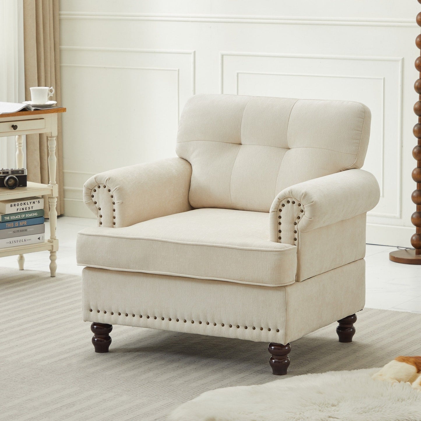 Set of 3 Chenille Sofa Set for Living Room, Button-Tufted & Nailhead Upholstery, Solid Rubberwood Legs