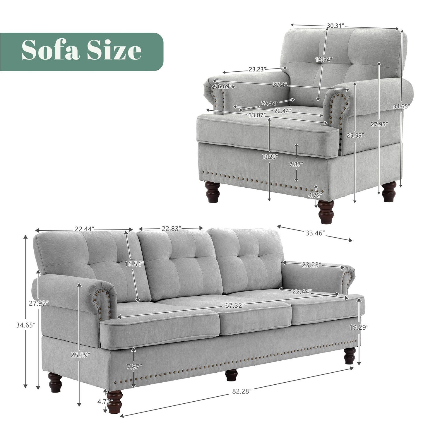 Set of 3 Chenille Sofa Set for Living Room, Button-Tufted & Nailhead Upholstery, Solid Rubberwood Legs