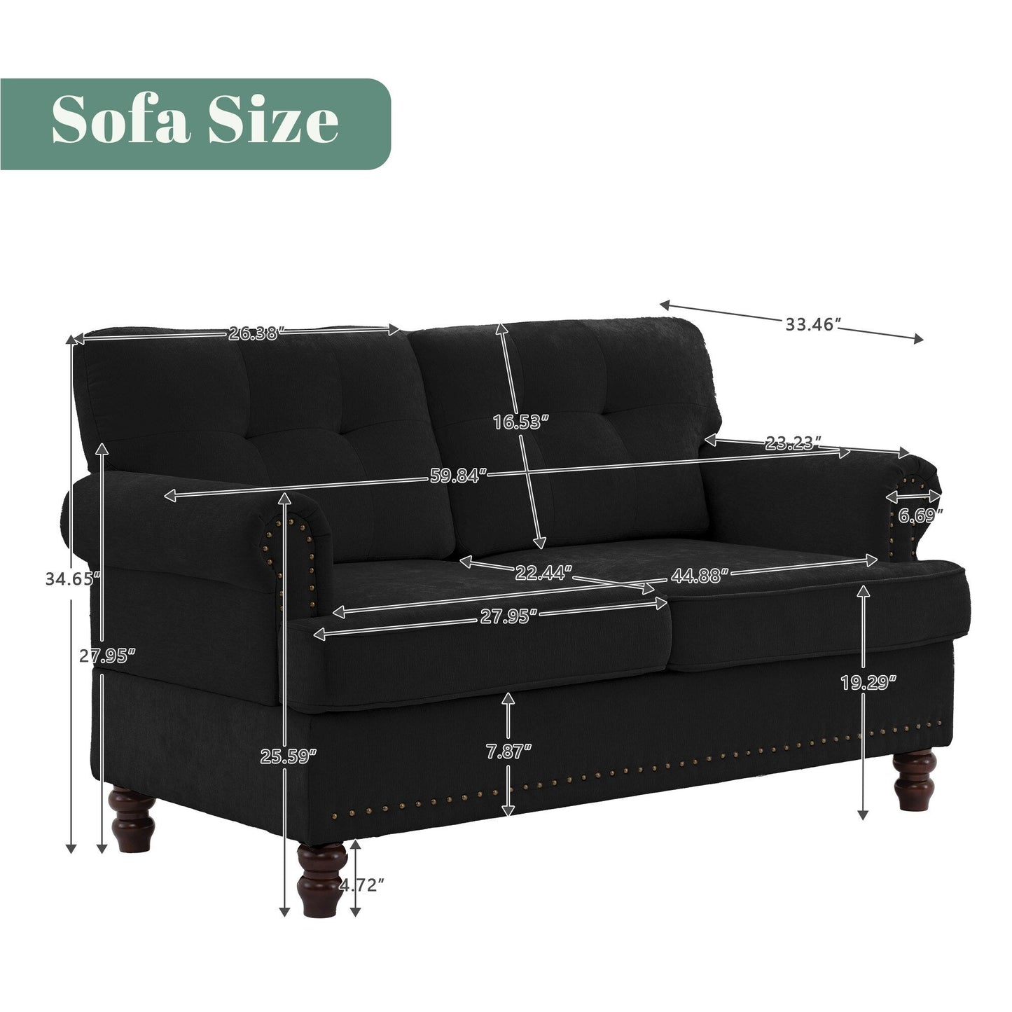 Set of 3 Chenille Sofa Set for Living Room, Button-Tufted & Nailhead Upholstery, Solid Rubberwood Legs
