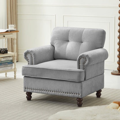 Set of 3 Chenille Sofa Set for Living Room, Button-Tufted & Nailhead Upholstery, Solid Rubberwood Legs