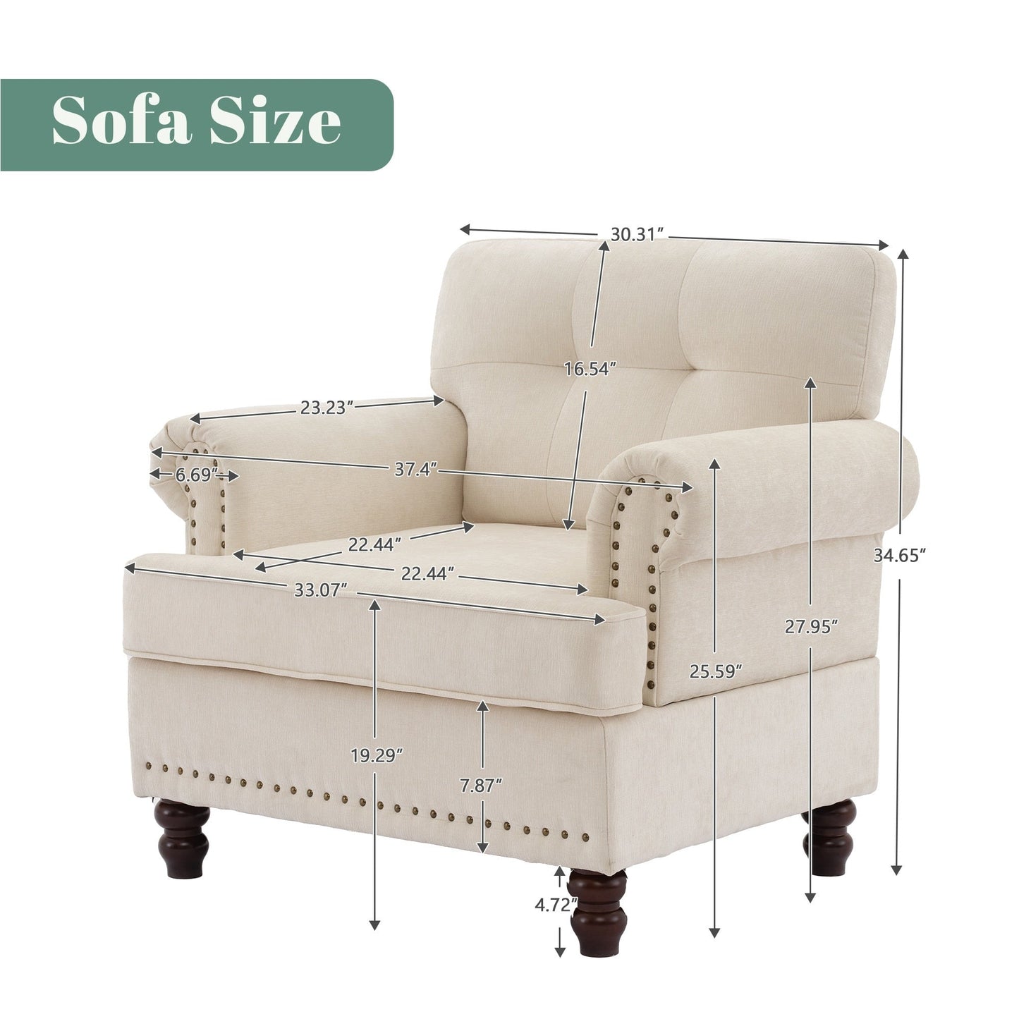 Set of 3 Chenille Sofa Set for Living Room, Button-Tufted & Nailhead Upholstery, Solid Rubberwood Legs
