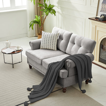 Set of 3 Chenille Sofa Set for Living Room, Button-Tufted & Nailhead Upholstery, Solid Rubberwood Legs