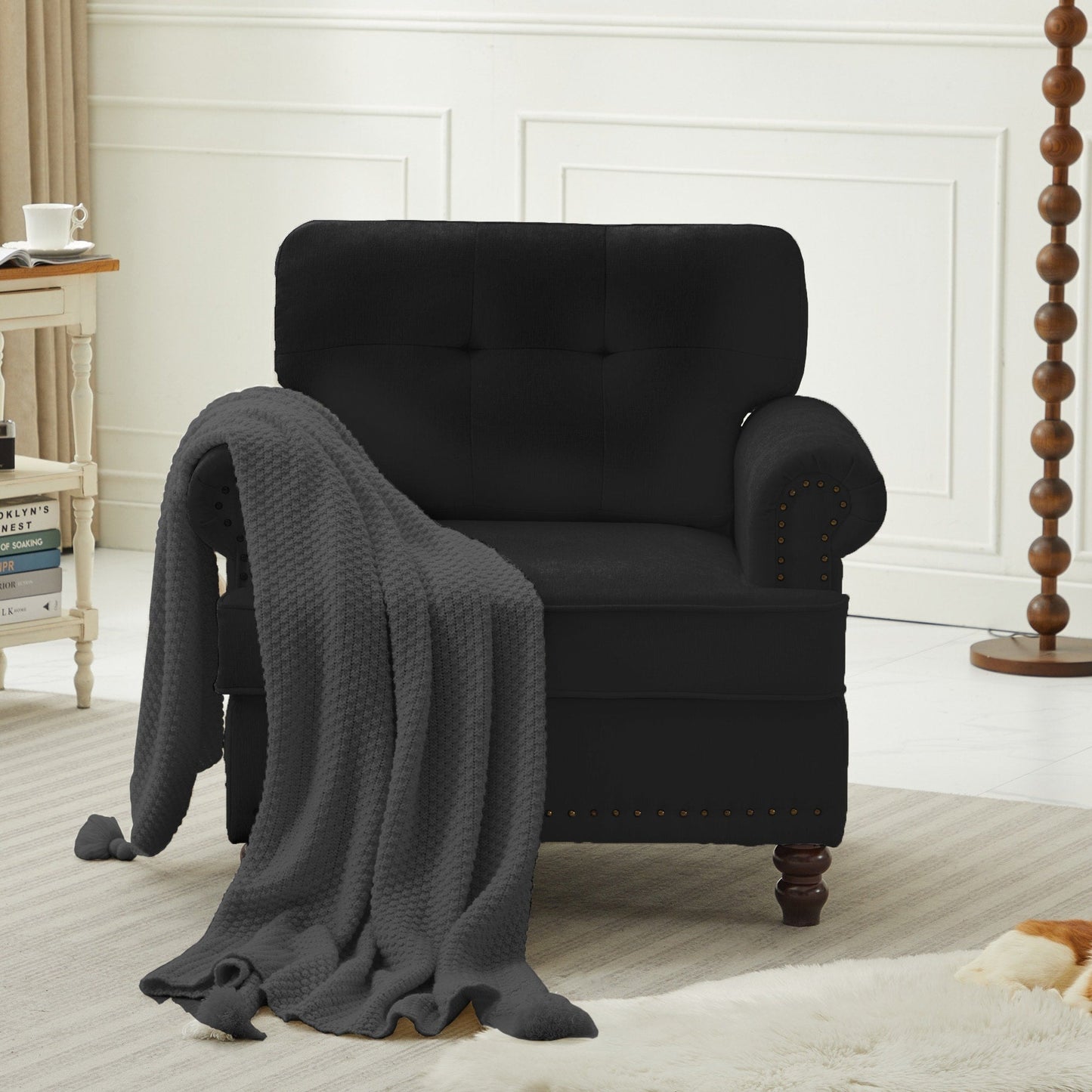 Set of 3 Chenille Sofa Set for Living Room, Button-Tufted & Nailhead Upholstery, Solid Rubberwood Legs