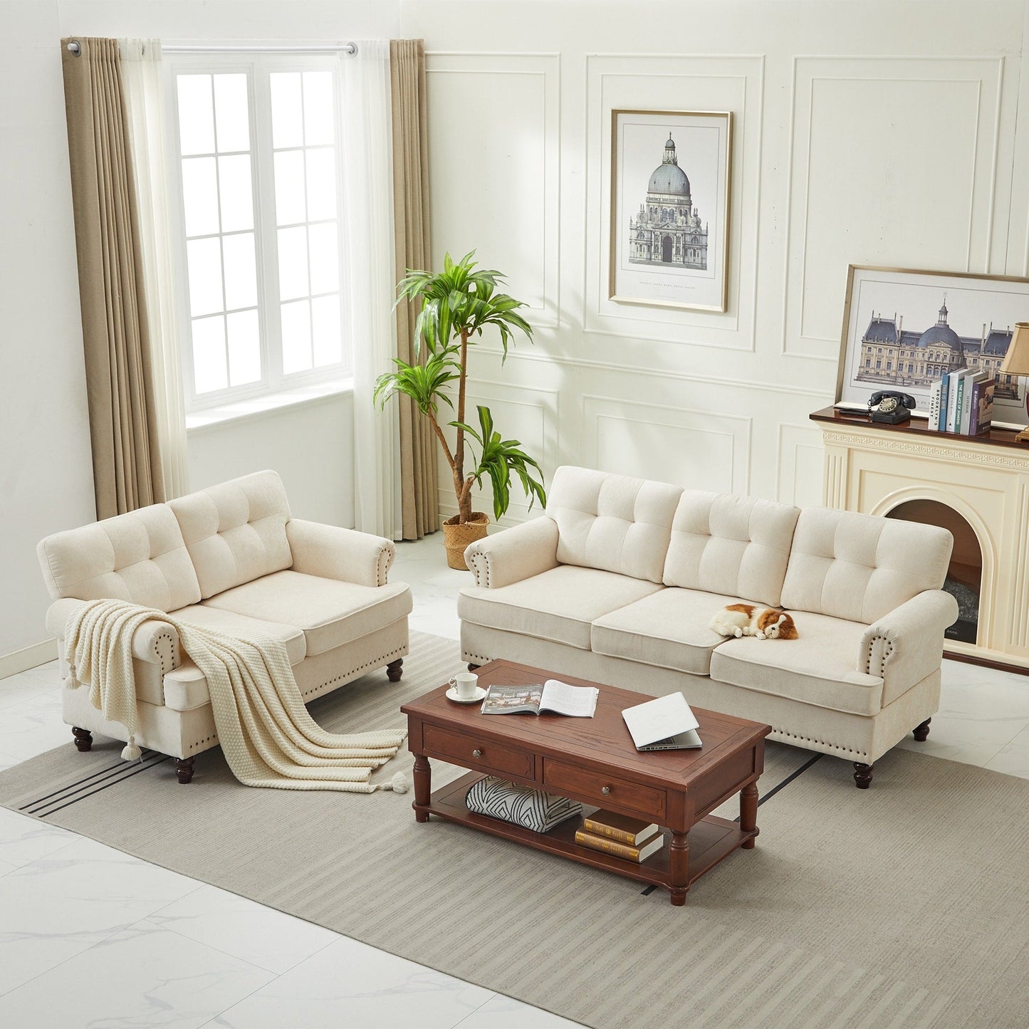Set of 3 Chenille Sofa Set for Living Room, Button-Tufted & Nailhead Upholstery, Solid Rubberwood Legs