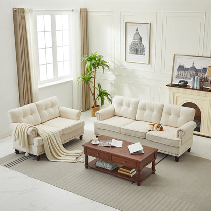 Set of 3 Chenille Sofa Set for Living Room, Button-Tufted & Nailhead Upholstery, Solid Rubberwood Legs